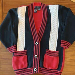 Vintage 1993 I.B. Diffusion Sport Cardigan Sweater Women's Small Red Black Block